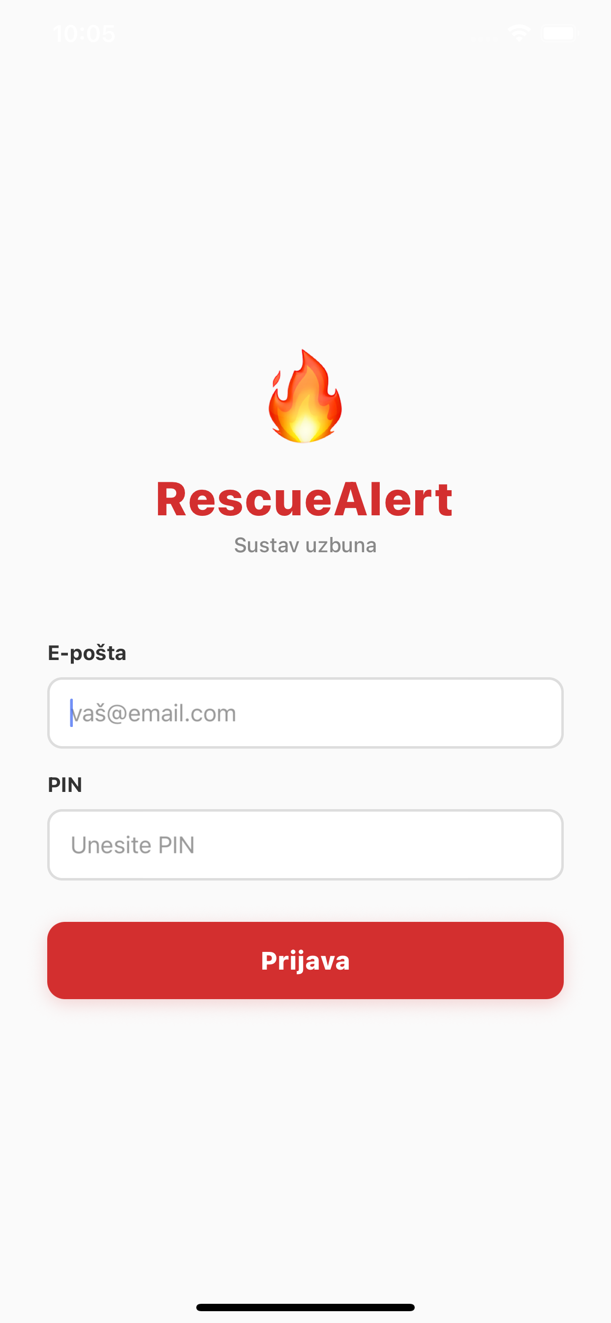 RescueAlert zaslon za prijavu