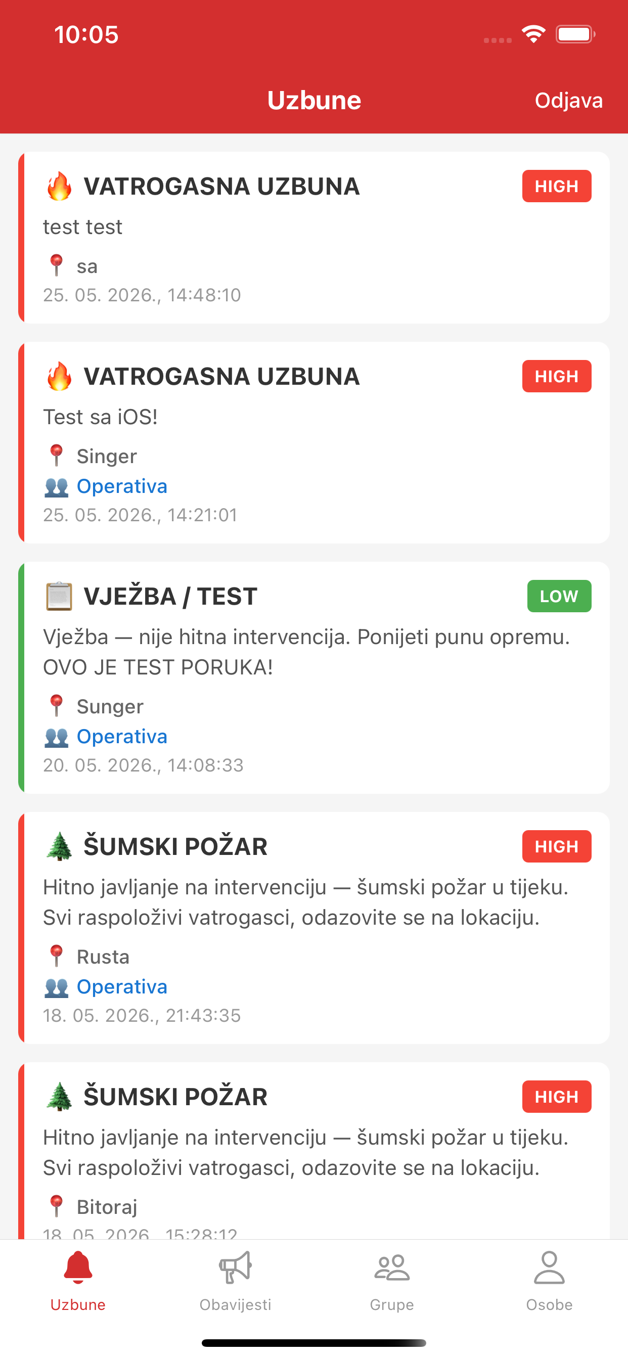 Popis prošlih uzbuna u RescueAlert-u