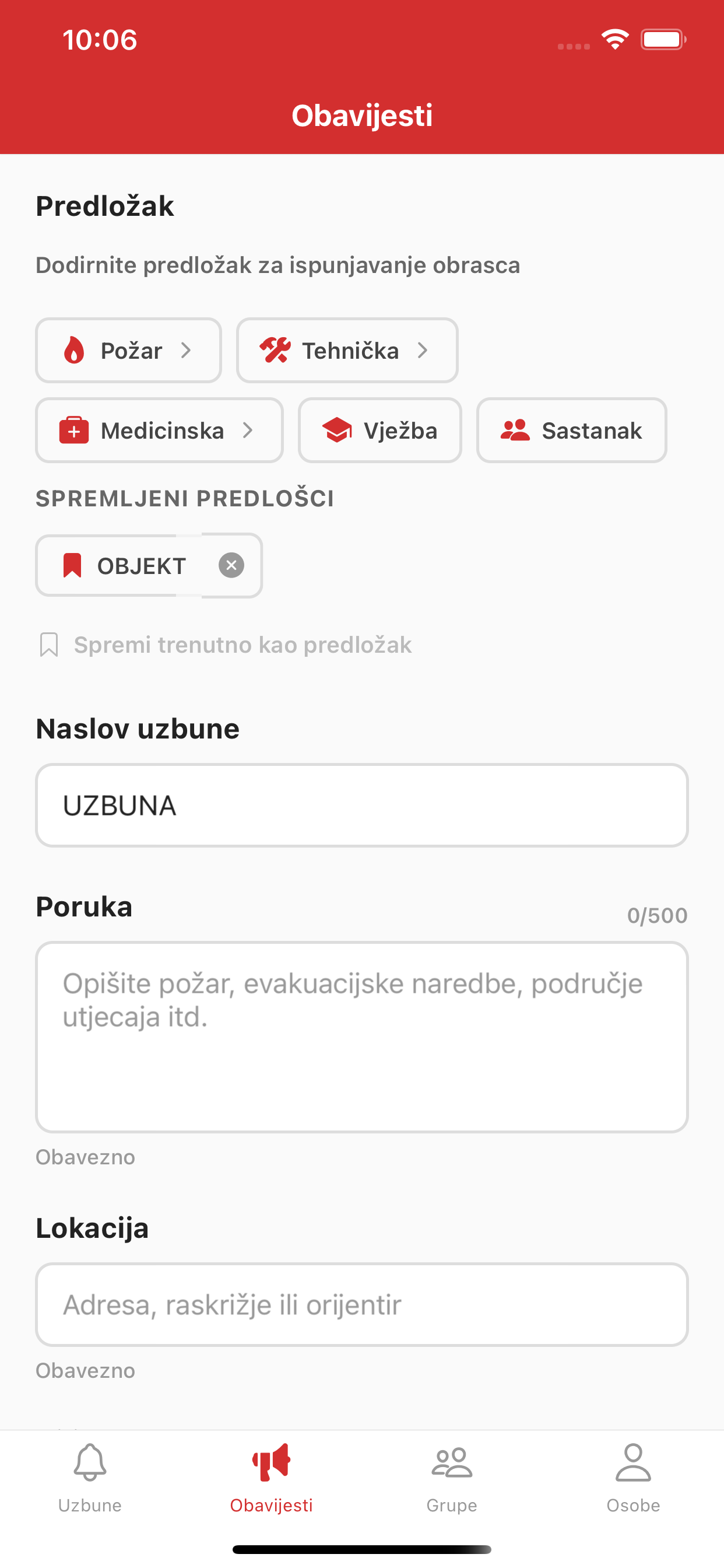 Slanje uzbune pomoću predloška