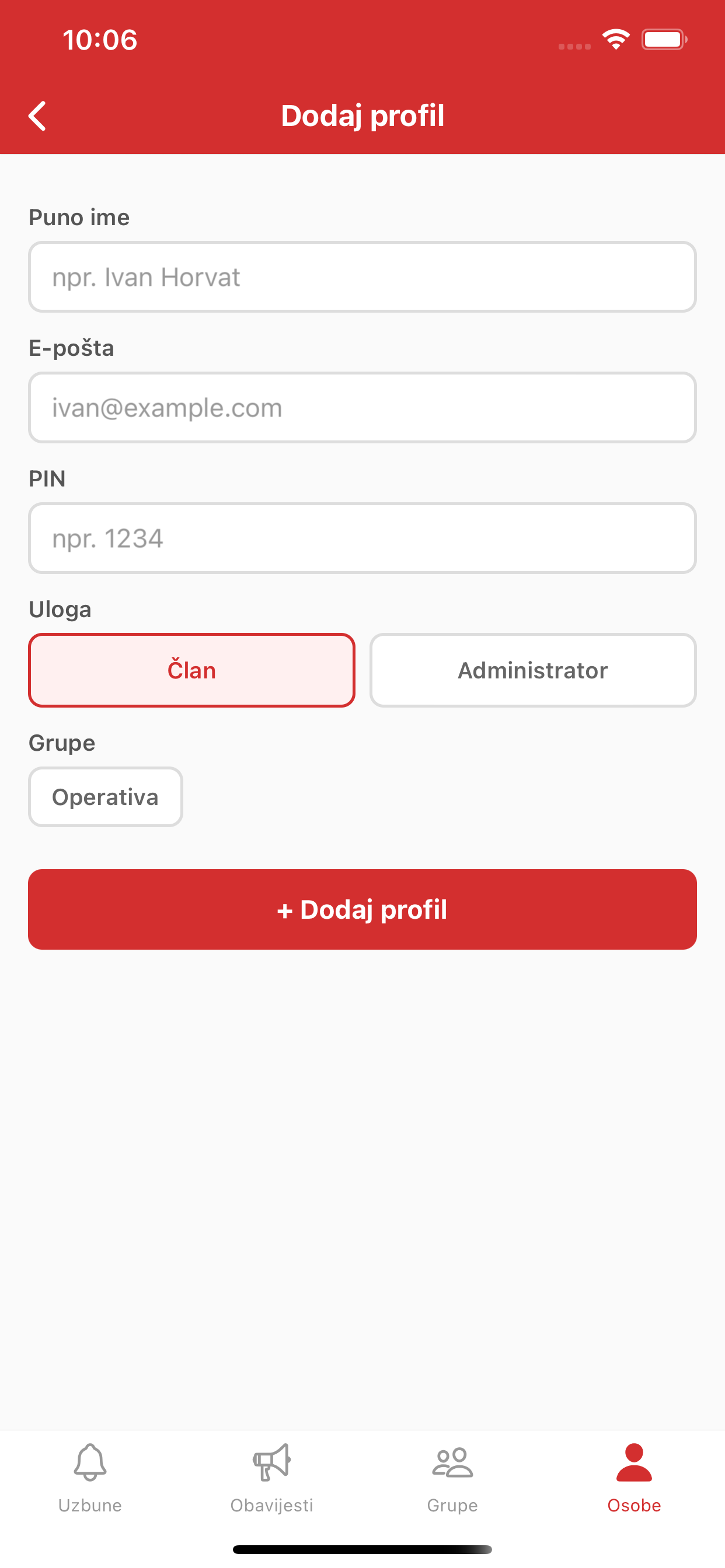 Dodavanje profila u RescueAlert-u
